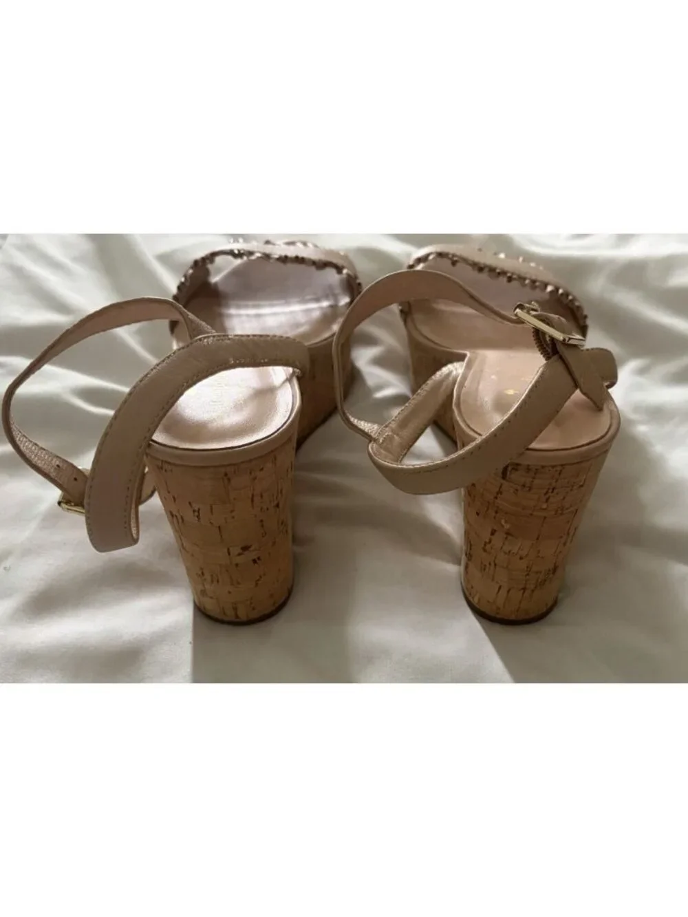 KATE SPADE Tomas Wedge Leather Nude Pink Ruffle Sandals Cork Shoes Size 10